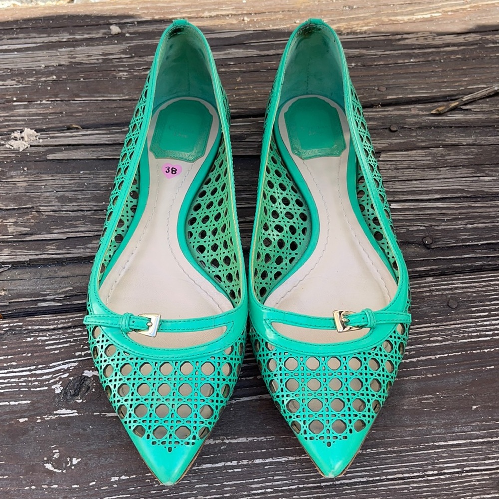 Christian Dior Cut Out Green Pointy Flat Shoes with Gold Buckle
